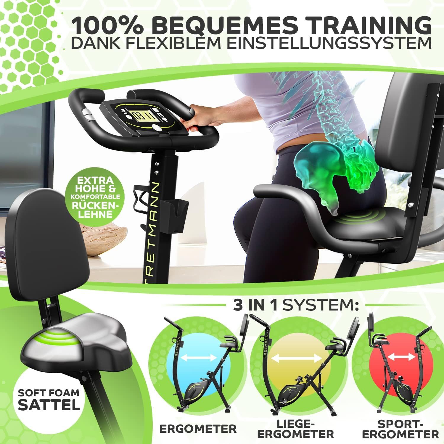 Heimtrainer mit Person. Grafische Darstellung der Wirbelsäule. Text: "Tretmann", "3 in 1 System".