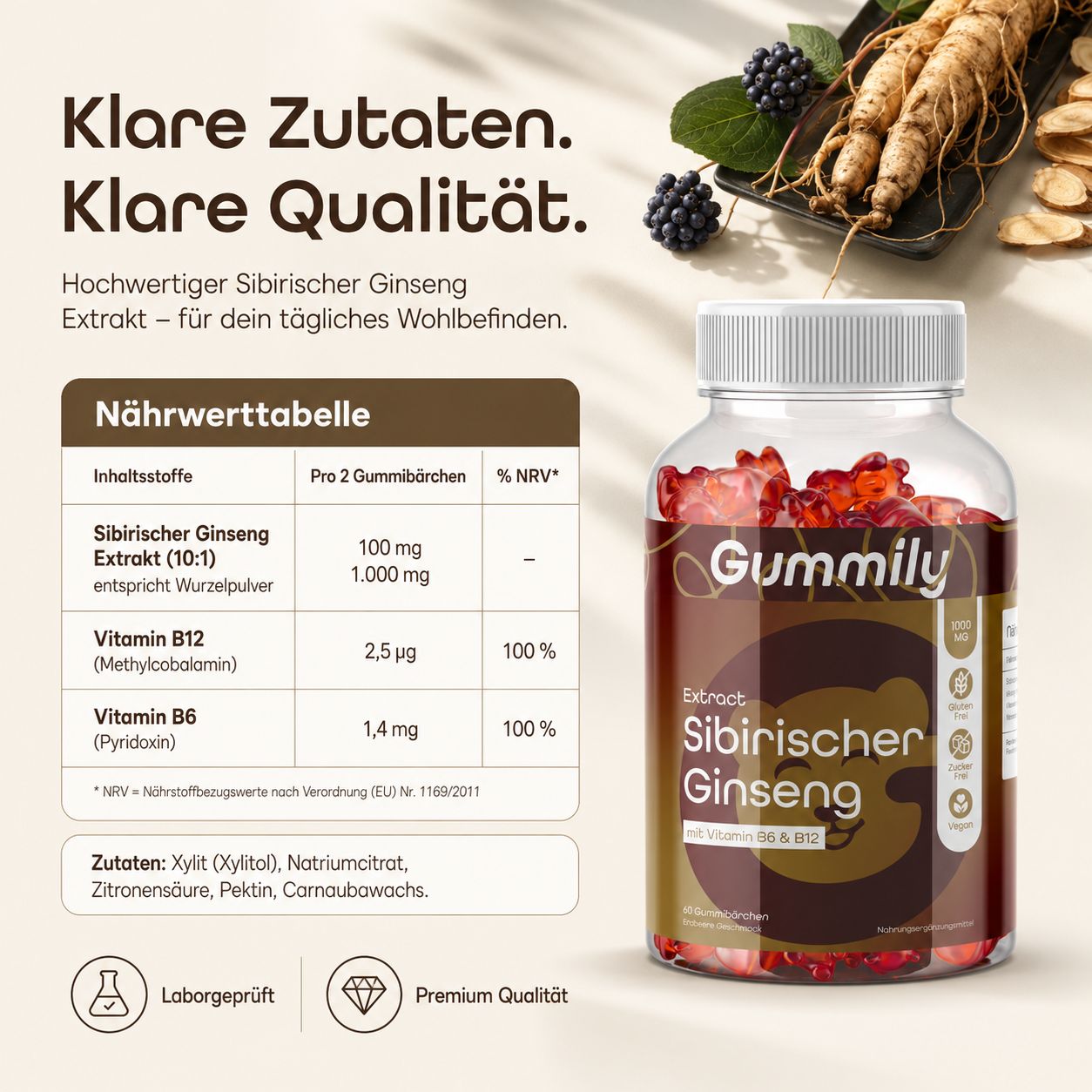 Gummily Sibirischer Ginseng Flasche, Nährwerttabelle und Zutatenliste.