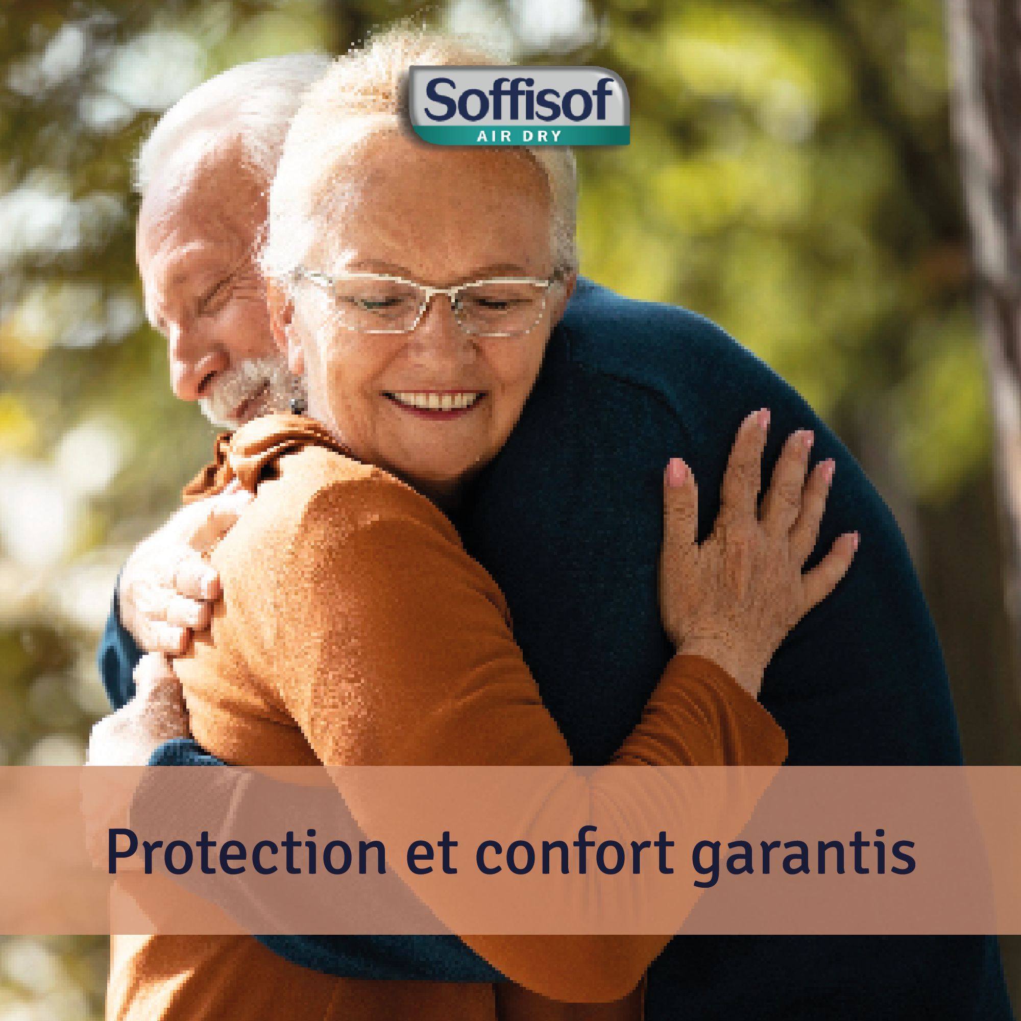 Couple de personnes âgées qui s'embrassent. Logo Soffisof Air Dry. Texte: Protection et confort garantis.