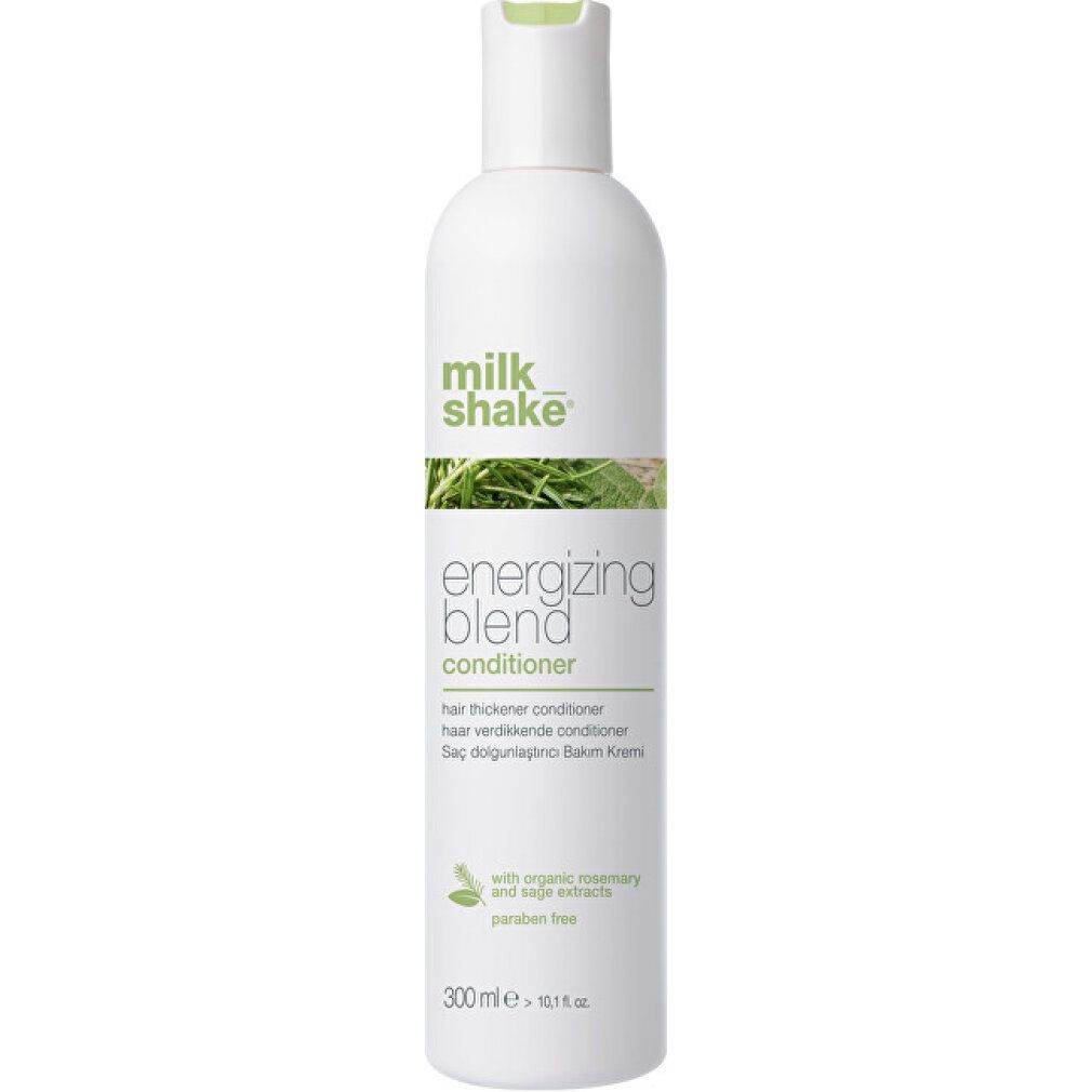 Weiße Flasche mit grünem Aufdruck. Aufschrift: milk_shake Energizing Blend Conditioner. Enthält Rosmarin- und Salbeiextrakte. 300 ml.