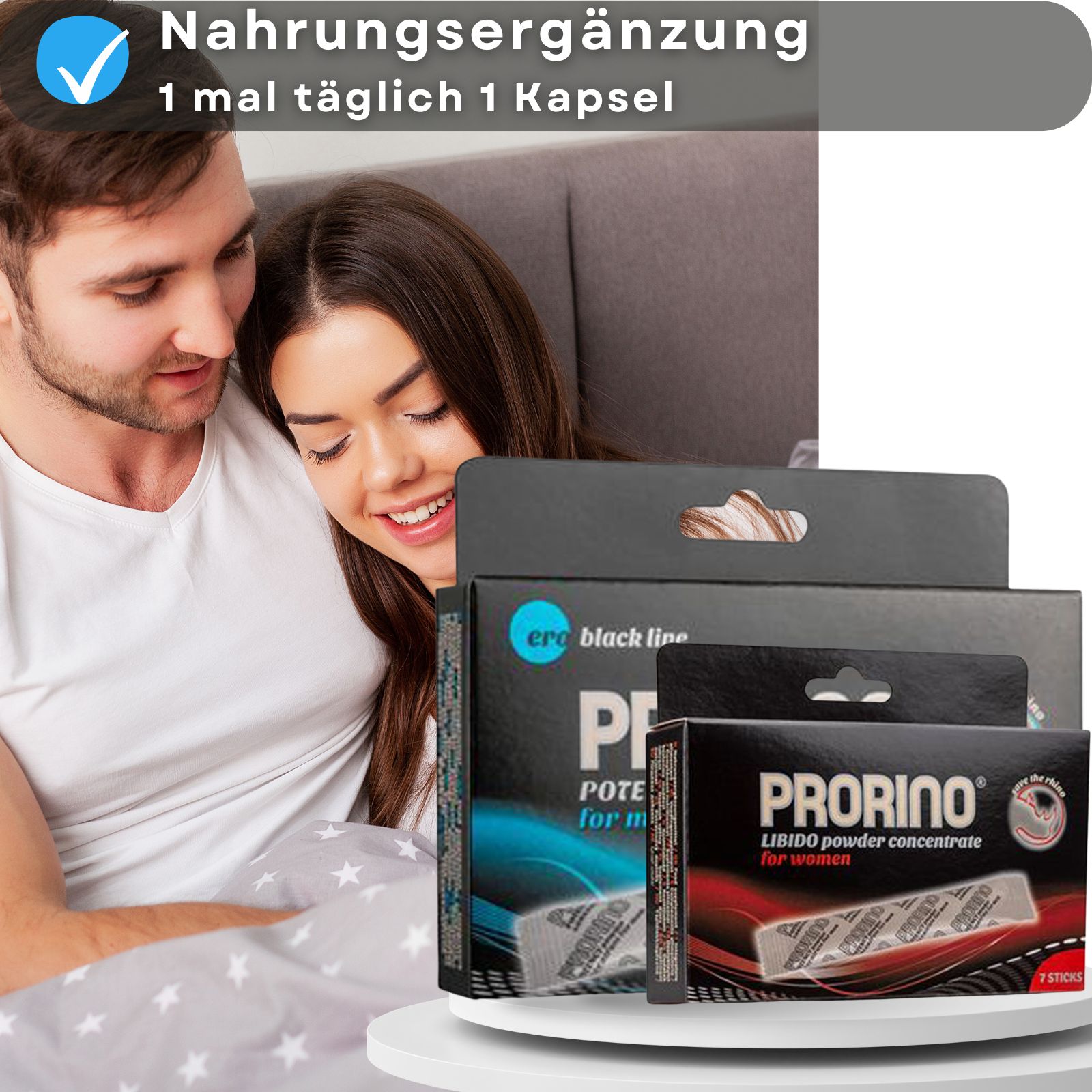 Prorino-Packungen mit Text. Textblöcke mit blauen Häkchen. Hintergrund mit weißem Puder.
