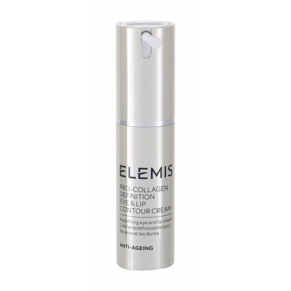 Zylinderförmige Flasche mit silberfarbenem Deckel und Aufschrift Elemis. Produktname: Eye & Lip Contour Cream. Text: Anti-Ageing.