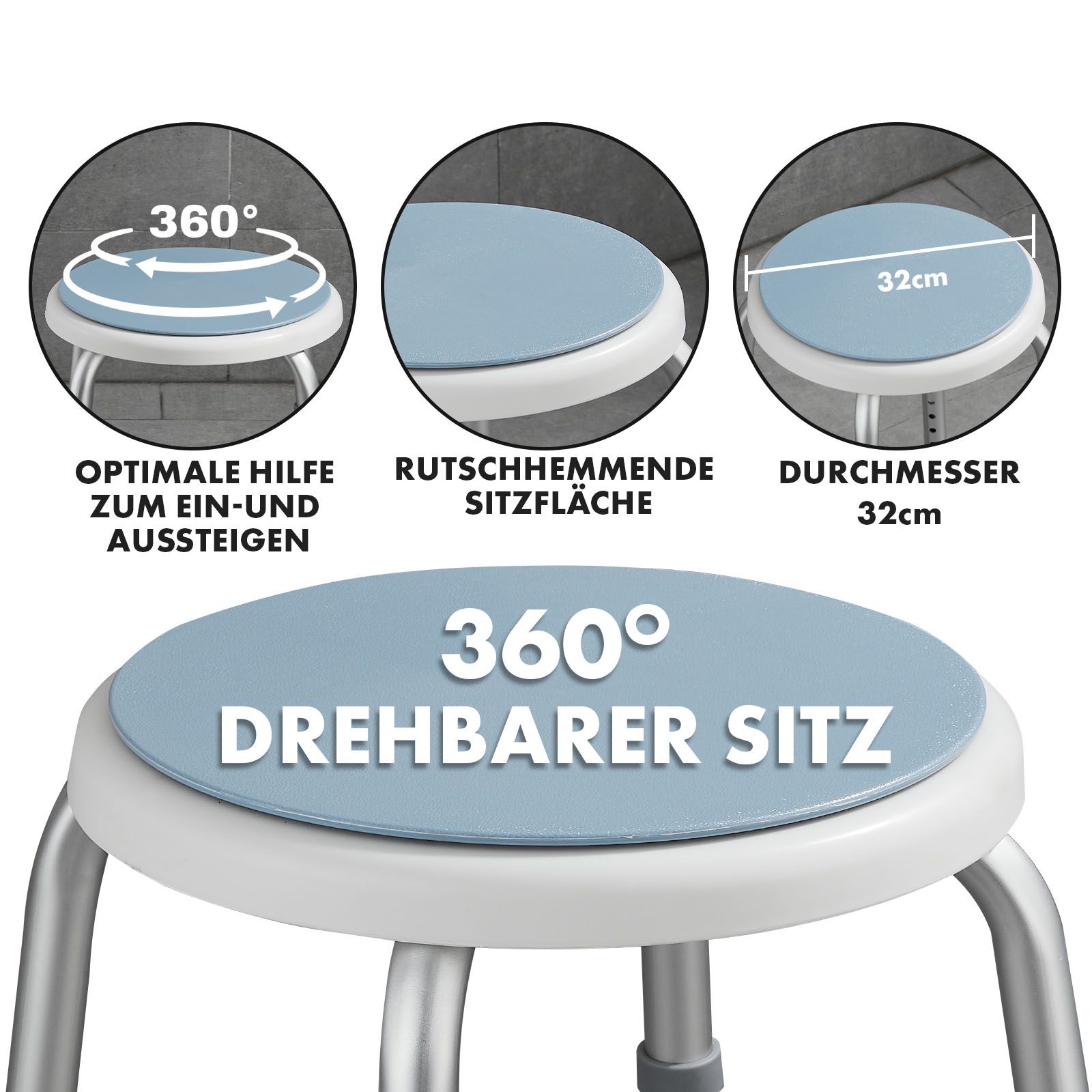 KARAT Duschhocker Peter - Höhenverstellbar, rutschfest - Belastbar bis 150 kg - 360° drehbar