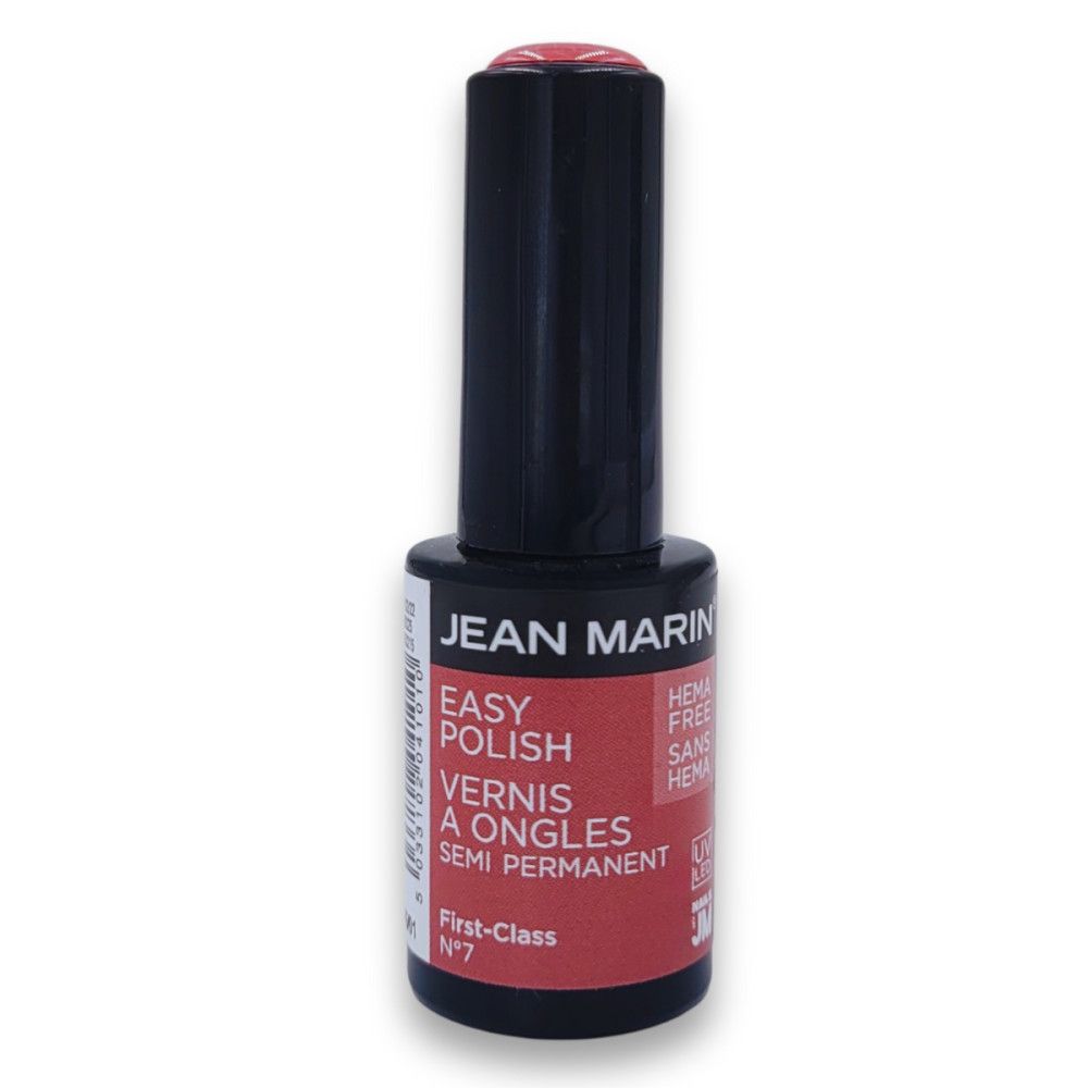 Nagellackflasche mit schwarzem Deckel. Aufschrift: JEAN MARIN, EASY POLISH, VERNIS A ONGLES SEMI PERMANENT. Farbe: Rot. Nummer 7.