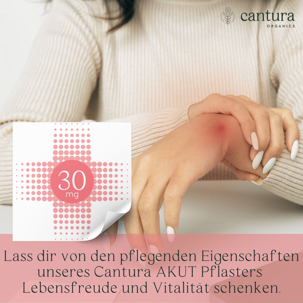 Person hält ein Pflaster mit 30 mg CBD. Roter Punkt auf dem Handgelenk. Text: CANTURA AKUT Pflaster. Lebensfreude und Vitalität.