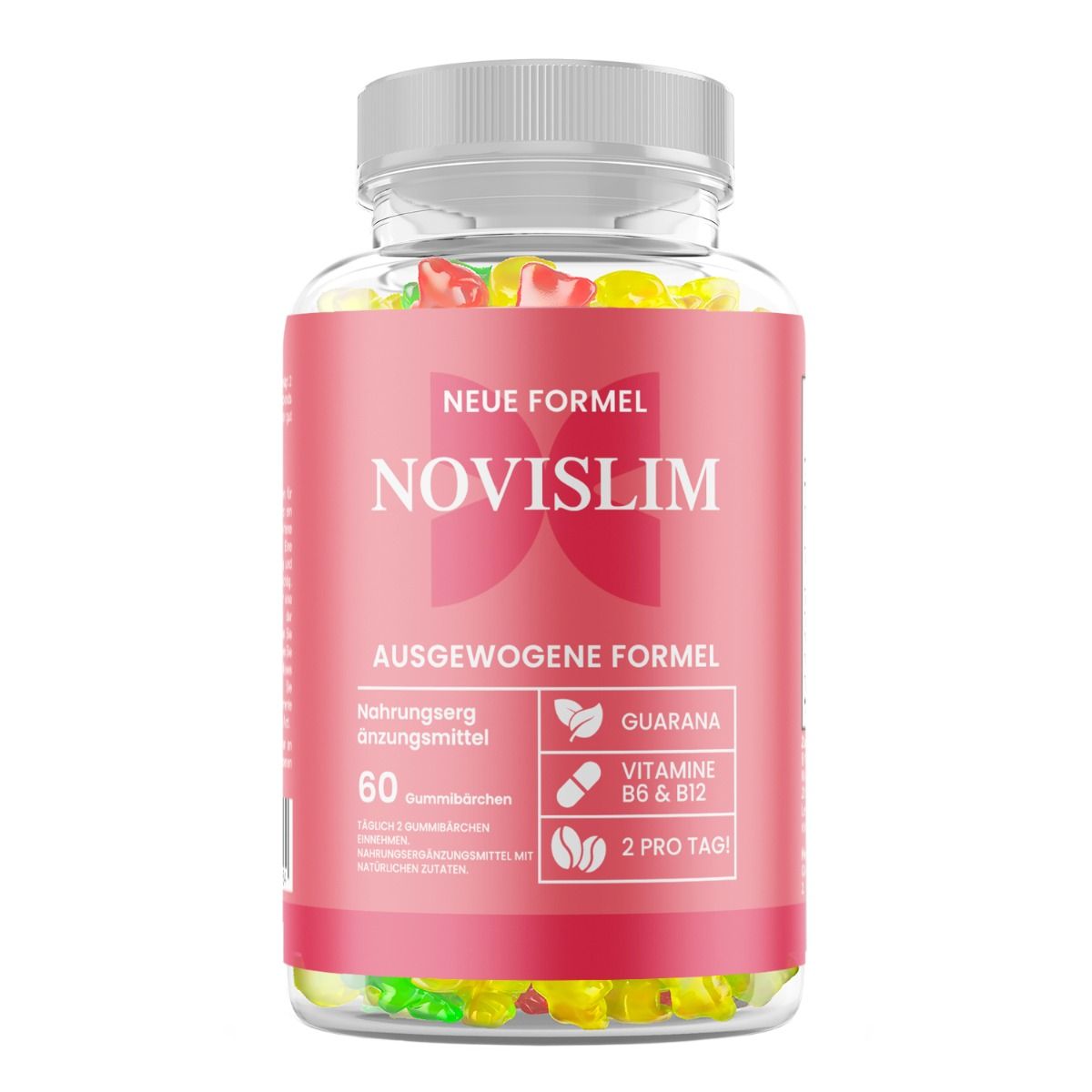 Klare Flasche mit rosa Etikett. Aufschrift: NOVILSLIM, 60 Gummibärchen. Enthält Guarana, Vitamin B6 & B12. Deckel weiß.