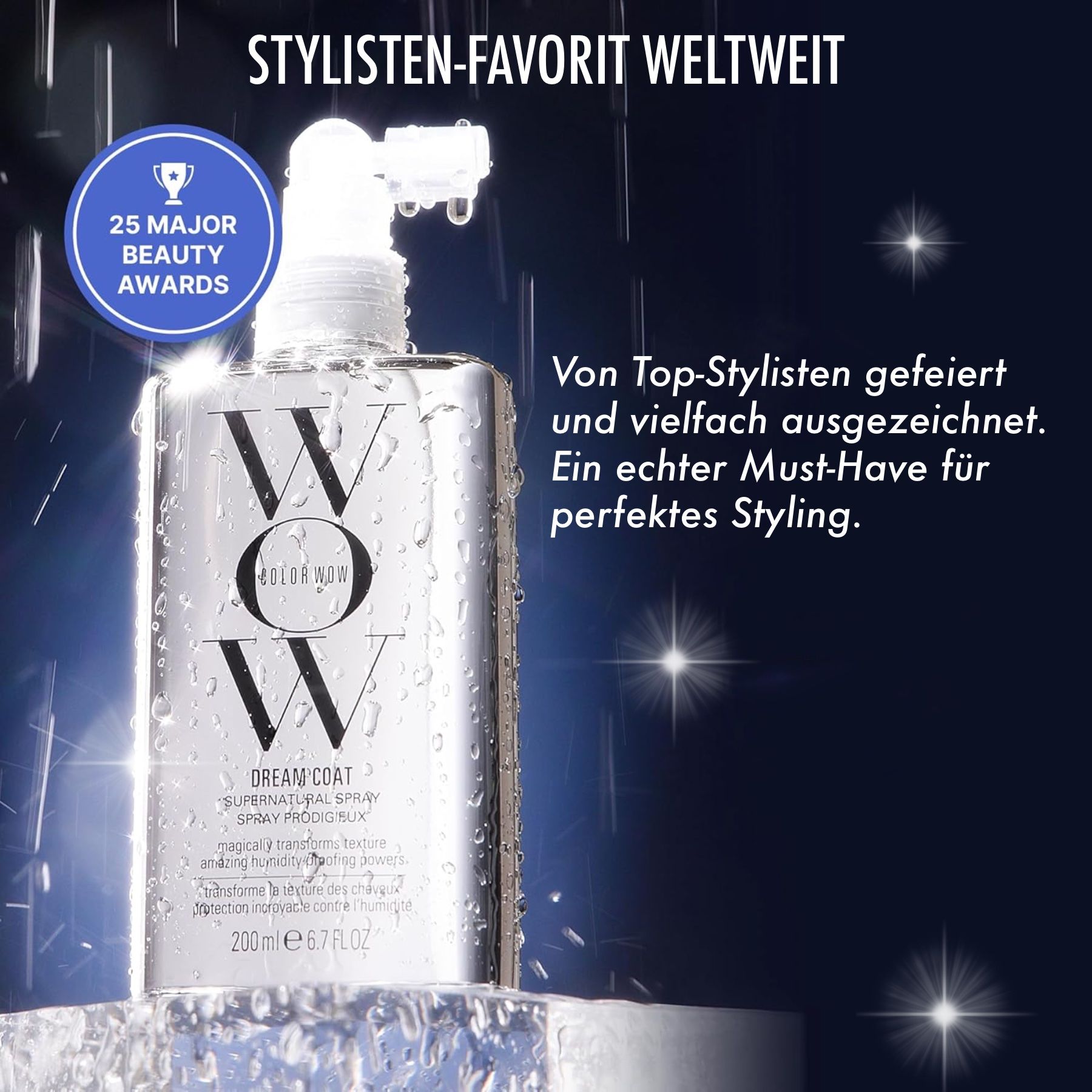 COLOR WOW Dream Coat Spray. Silberne Flasche mit Sprühkopf. Text: Stylisten-Favorit. Auszeichnungen. Dunkelblauer Hintergrund.