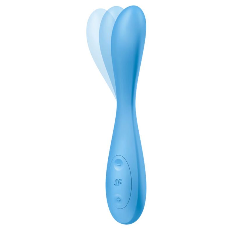 Blauer Vibrator, gebogen dargestellt. Glatte Oberfläche, ergonomische Form.