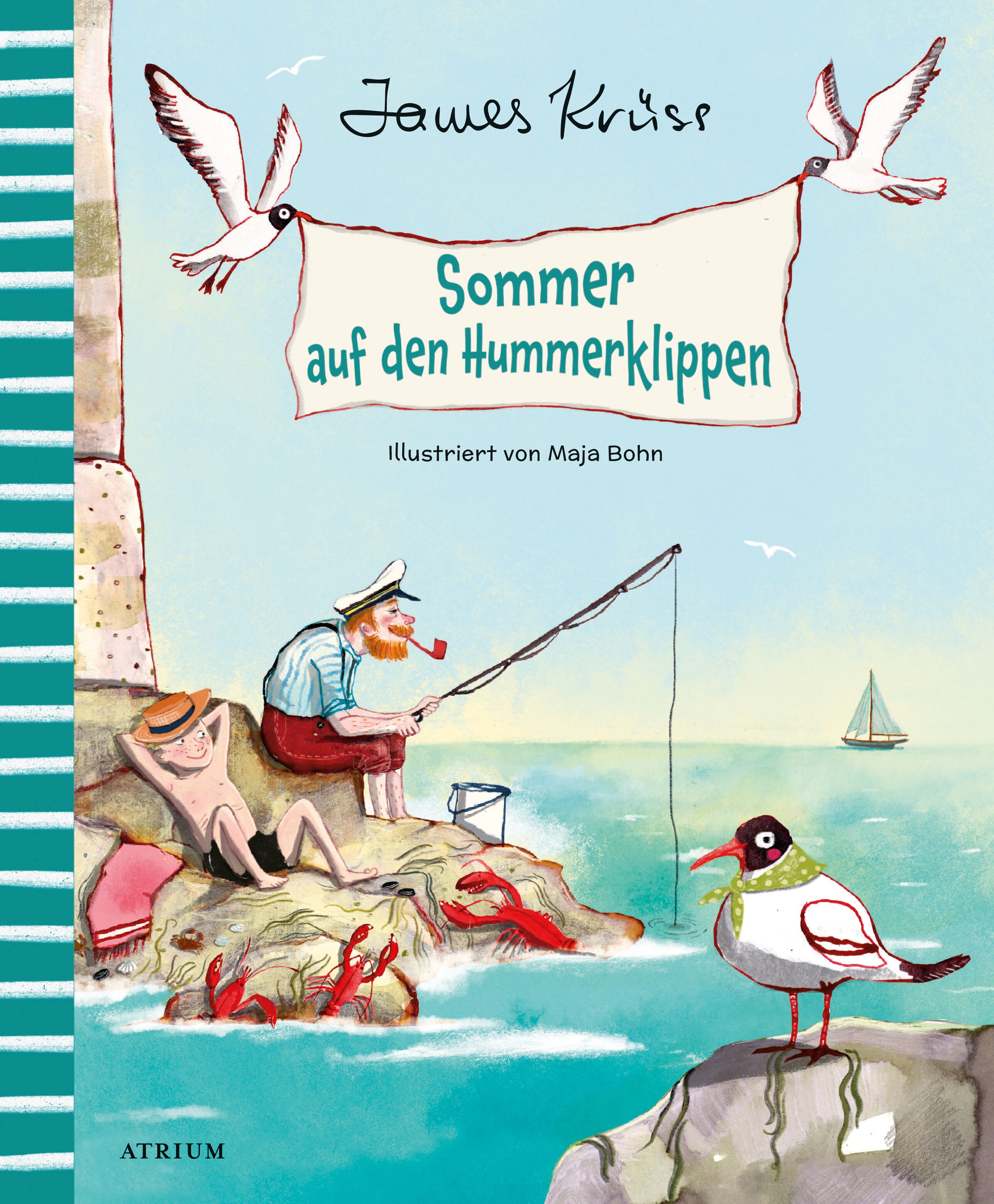 Buchcover: "Sommer auf den Hummerklippen" von James Krüss. Illustrationen von Maja Bohn. Abbildung von Möwen, Fischer, Strandbesucher und Möwe.