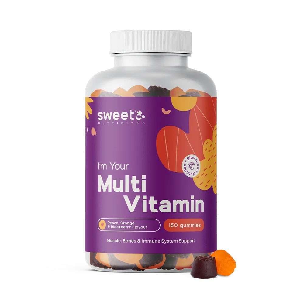 Eine Flasche Sweet Nutribites Multivitamin-Gummibonbons. Aufschrift: I'm Your Multi Vitamin. 150 Gummis. Pfirsich, Orange & Himbeergeschmack.