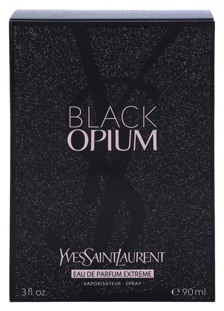 Schwarze Verpackung von Yves Saint Laurent Black Opium Extreme EdP. Logo und Produktname in Rosa.