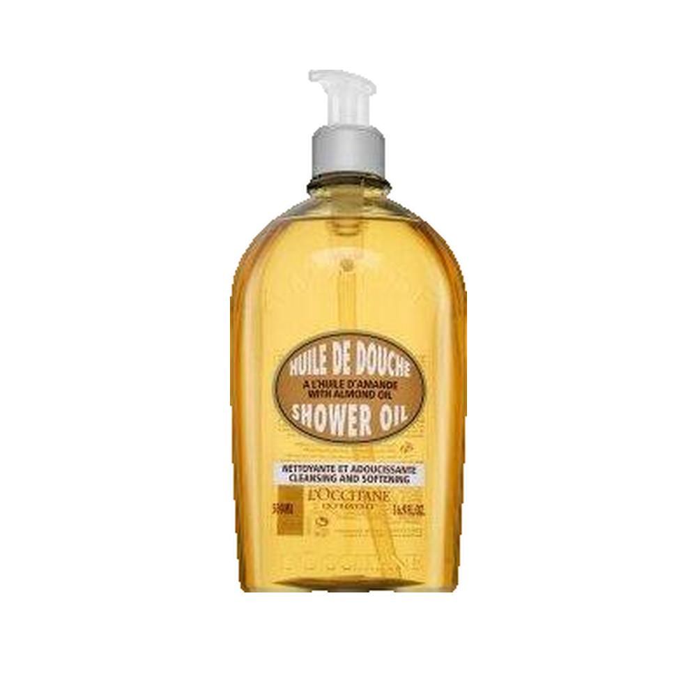 Gelbliche Duschölflasche mit Pumpe. Aufschrift: Huile de Douche, mit Mandelöl. Marke: L'Occitane. Reinigung und Erweichung.