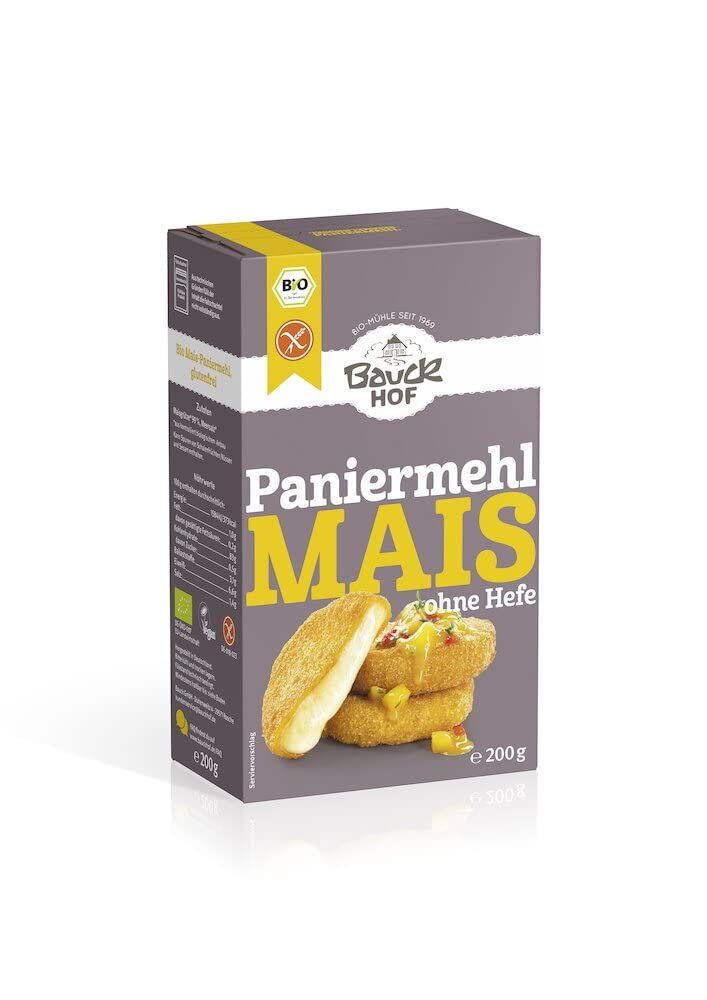 Bauckhof Mais Paniermehl glutenfrei Packung mit Bild von Schnitzeln.