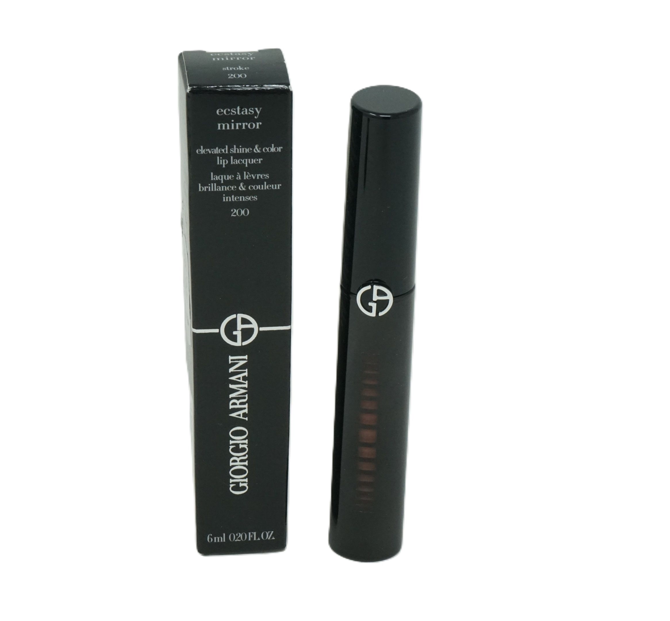 Schwarze Verpackung und Lipgloss-Tube. Auf der Verpackung steht "ecstasy mirror" und "Giorgio Armani". Die Tube hat ein Logo.