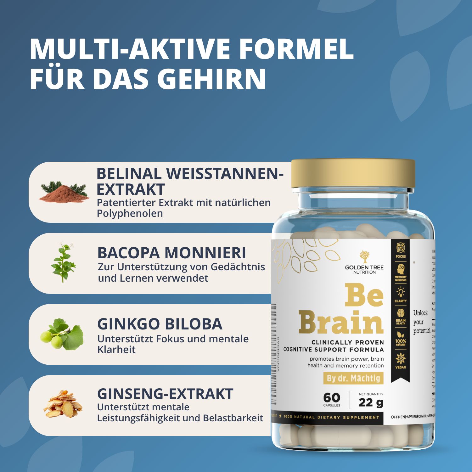 Flasche Golden Tree Be Brain Kapseln mit Liste der Inhaltsstoffe: Belinal, Bacopa, Ginkgo, Ginseng.