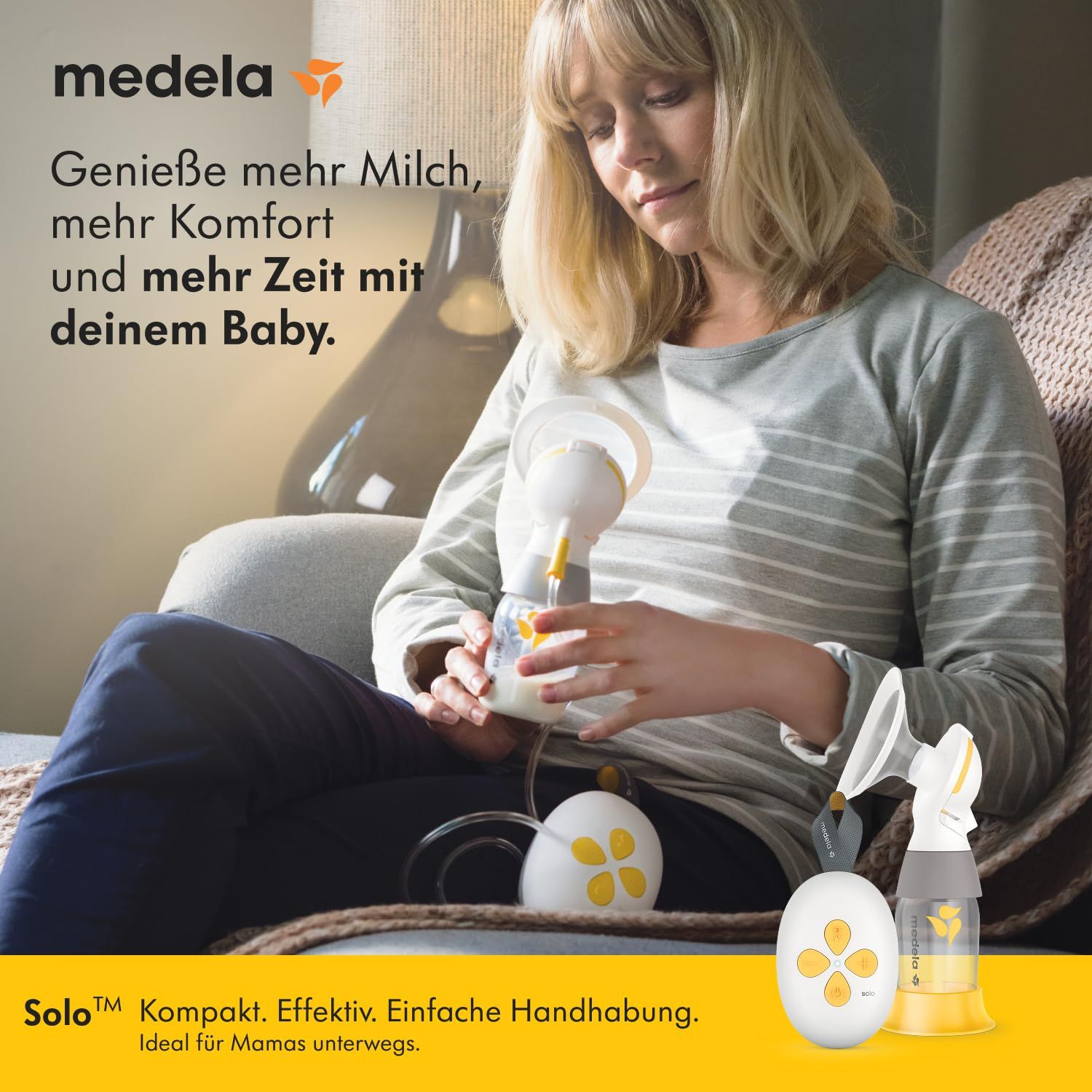 Frau mit Medela Solo™ Elektrische Milchpumpe. Pumpe und Flasche. Gelb und weiß. Hintergrund unscharf.