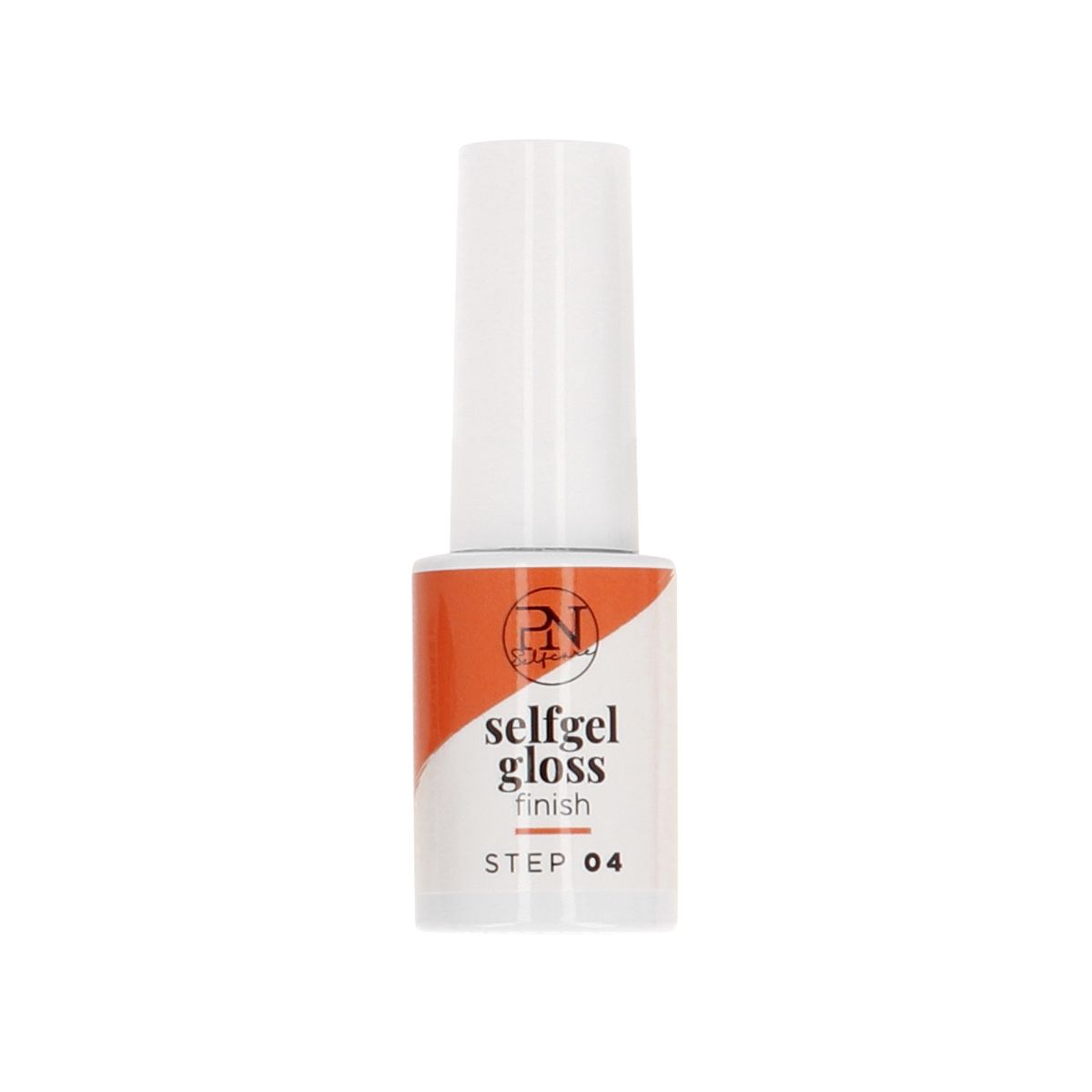Nagellackflasche mit weißem Deckel. Aufschrift: selfgel gloss finish, STEP 04. Orangefarbener Streifen.