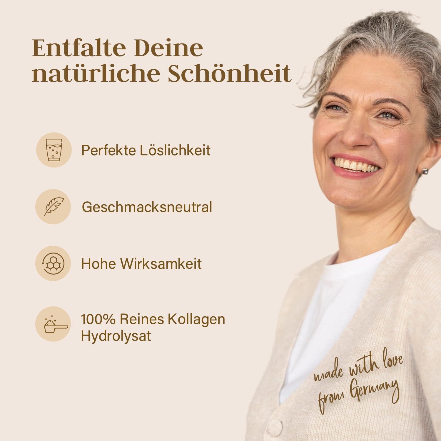 Frau lächelt. Text: Entfalte Deine natürliche Schönheit, perfekte Löslichkeit, geschmacksneutral, 100% reines Kollagenhydrolysat.