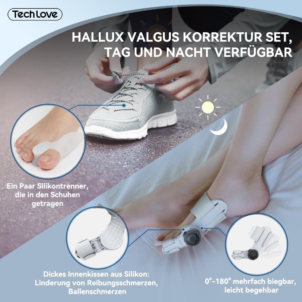 Eine Infografik, die das Tech Love Hallux Valgus Korrektur Set zeigt, das Tag und Nacht verfügbar ist. Es zeigt ein Paar Silikontrenner, die in Schuhen getragen werden, und ein Set mit einem Korrektor und einem Silikonkissen.