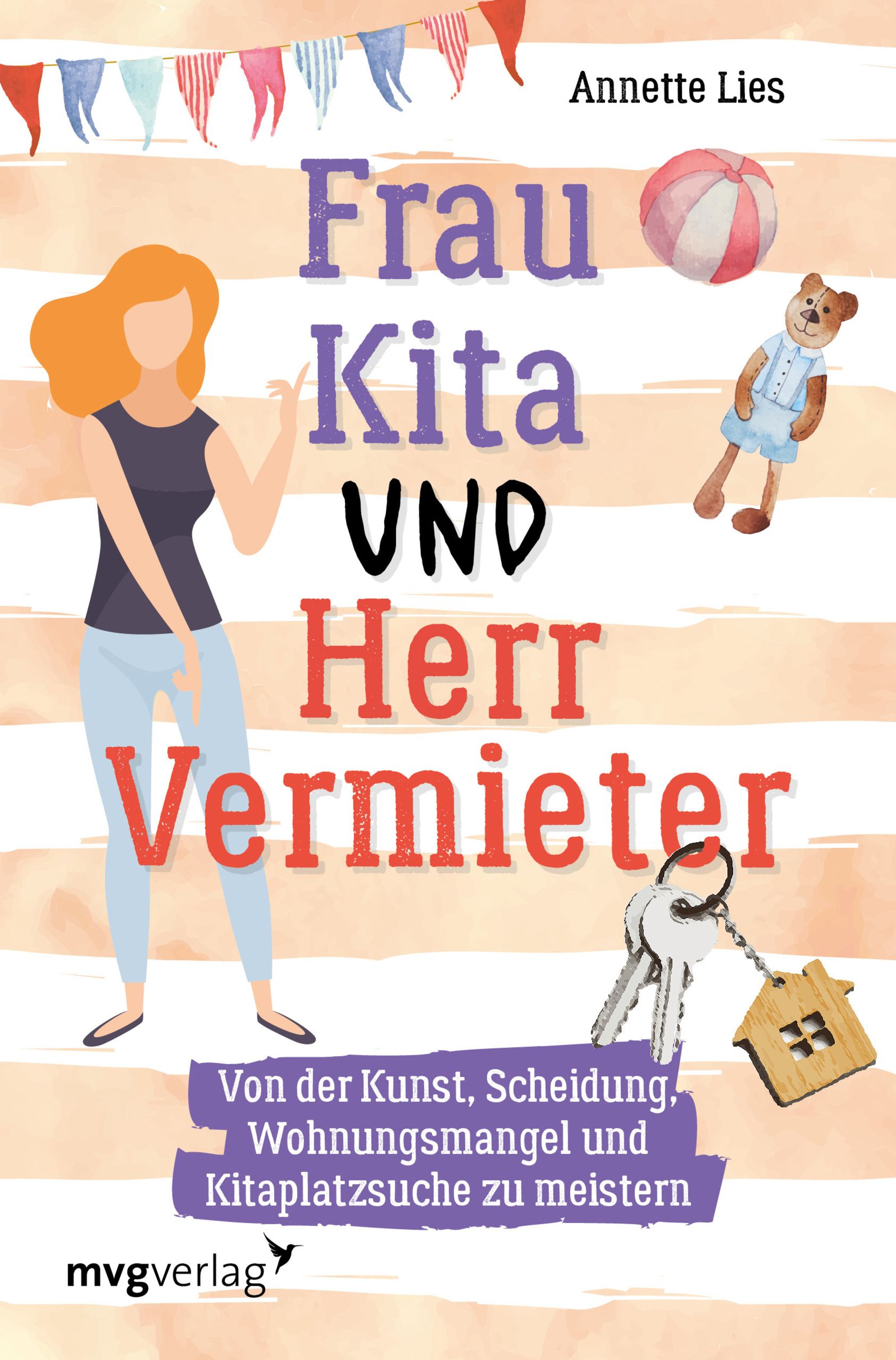Buchcover: "Frau Kita und Herr Vermieter". Titel in Lila und Rot. Autorin: Annette Lies. Illustrationen: Frau, Spielzeug, Schlüssel.