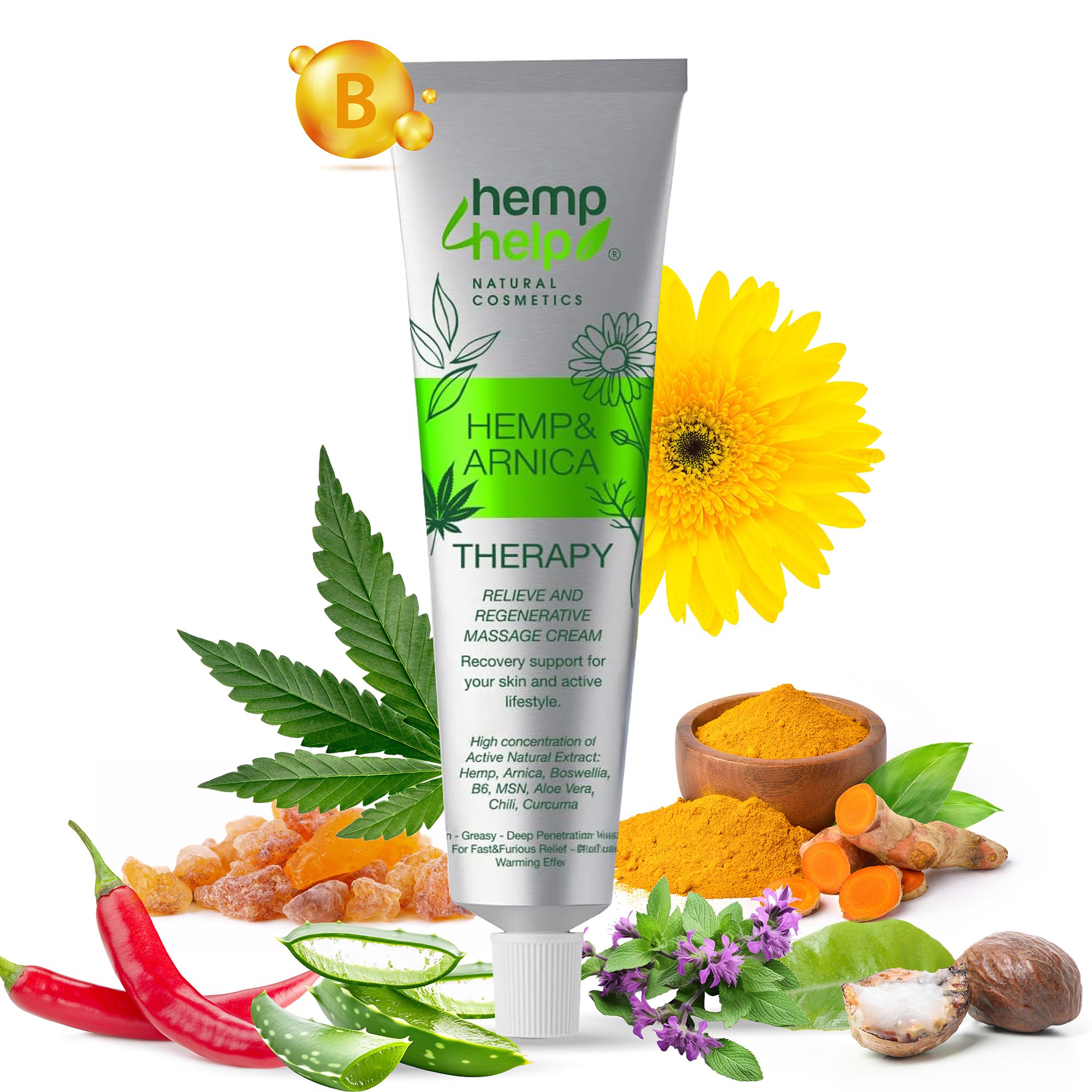 Creme-Tube, Marke: hemp help. Inhaltsstoffe: Arnika, Hanf, Kurkuma, Aloe Vera, Chili, etc. Gelbe Blume, Kräuter, Gewürze.