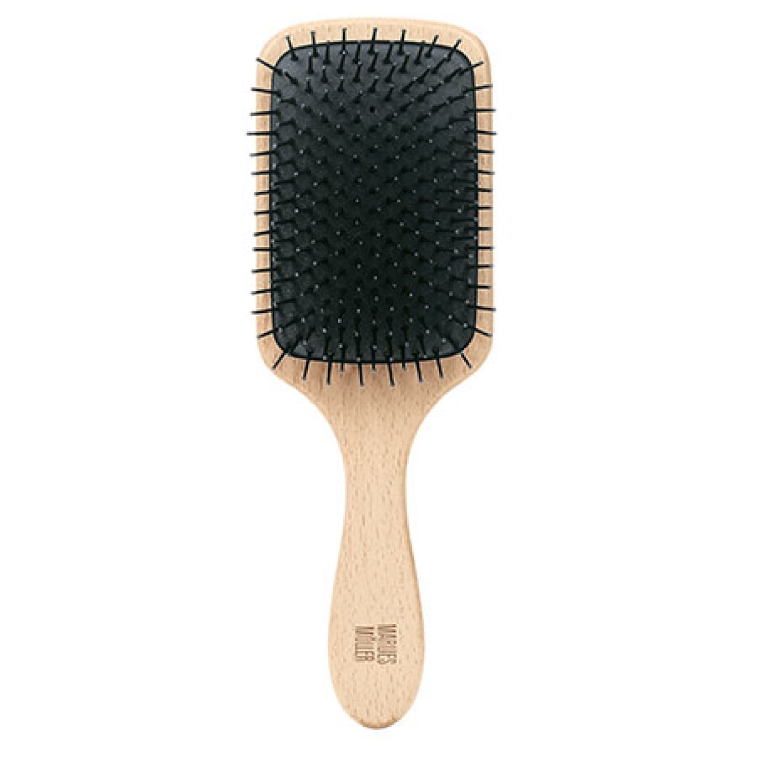 Haarbürste mit Holzgriff und schwarzem Borstenfeld. Rechteckiger Bürstenkopf, abgerundete Ecken. Griff mit Markenlogo.