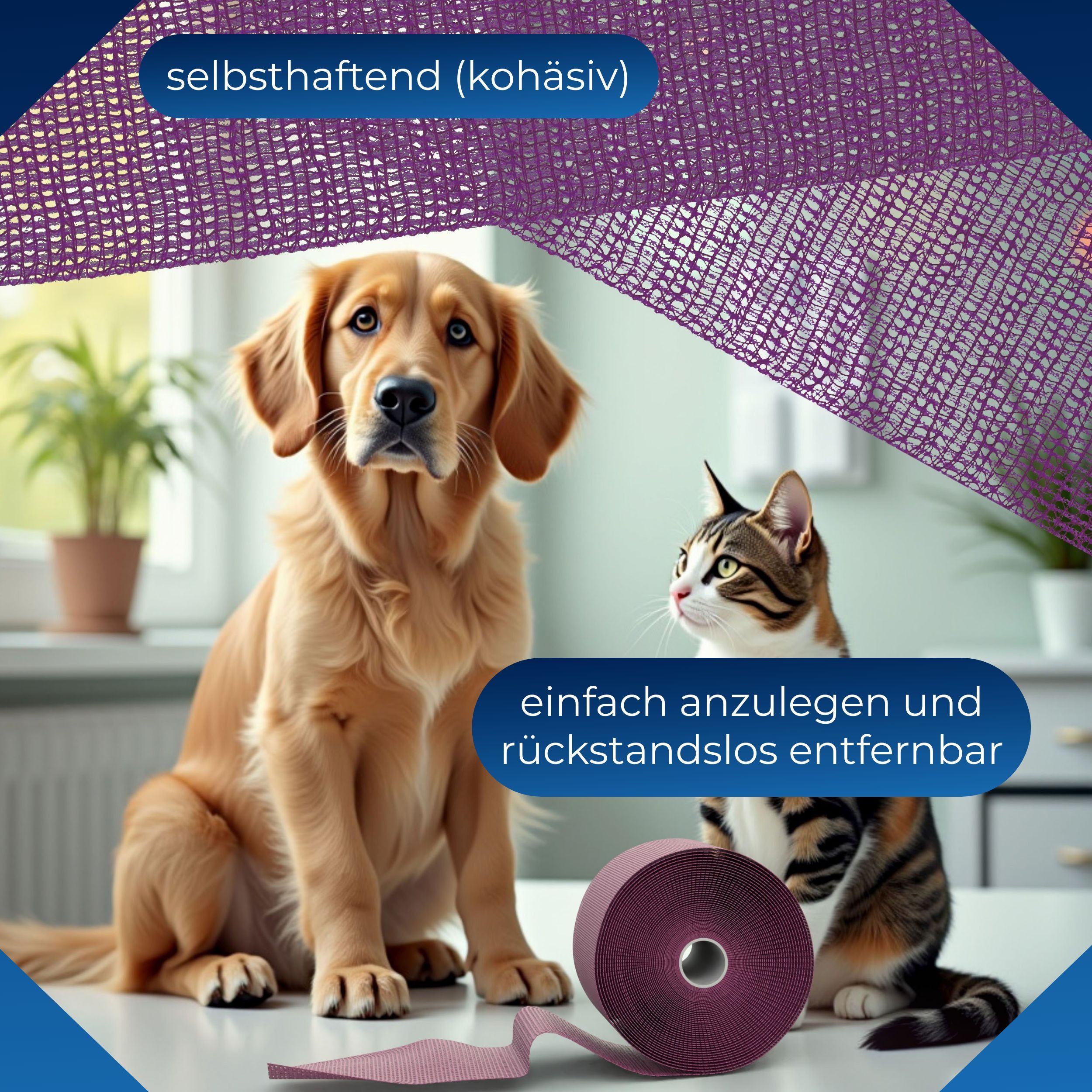 Violette, selbsthaftende Bandage neben Hund und Katze. Text: selbsthaftend (kohäsiv), einfach anzulegen und rückstandslos entfernbar.