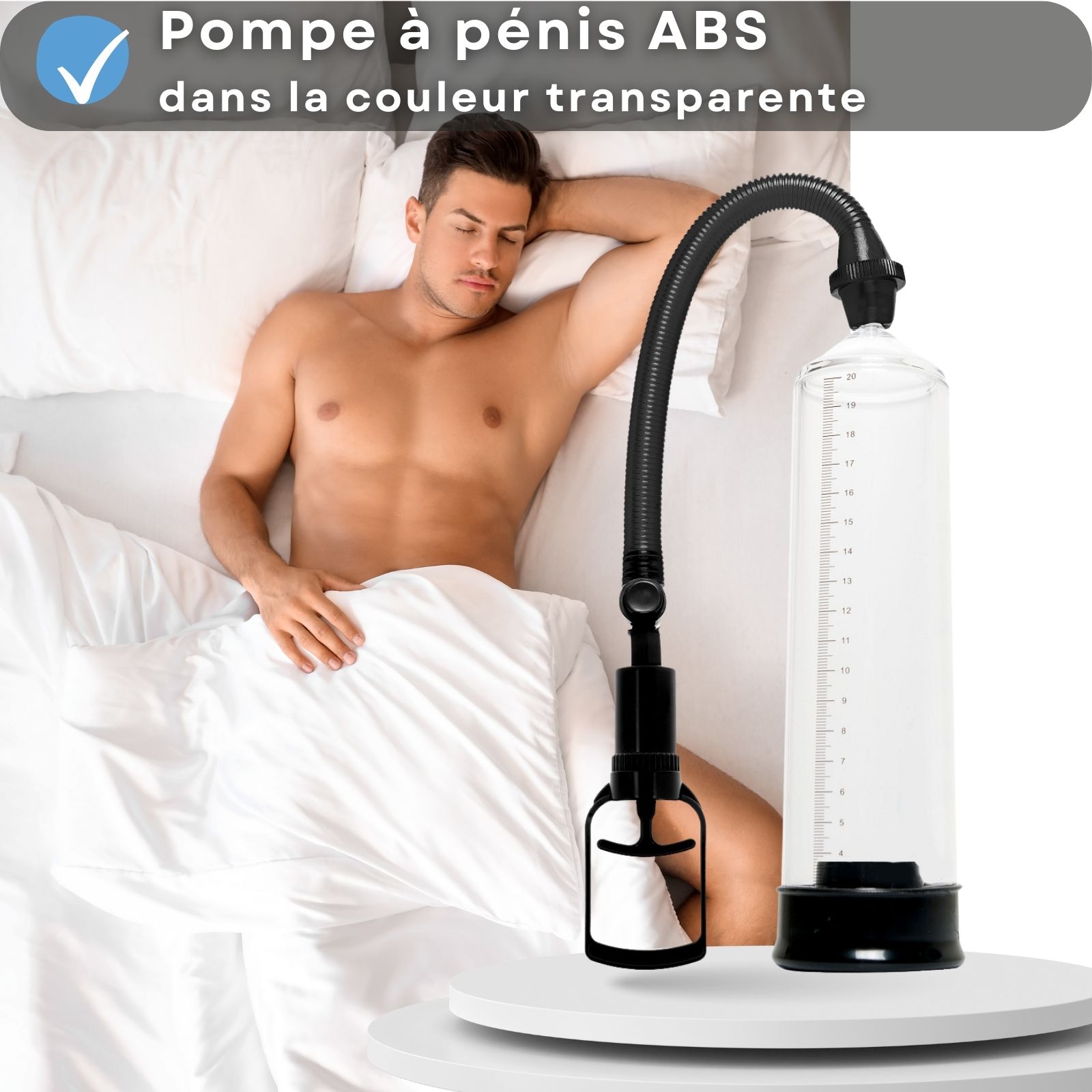 Pompe à pénis en ABS, transparente. Création de pression via la poignée. Érigé jusqu'à 20 cm. Aide à l'érection.