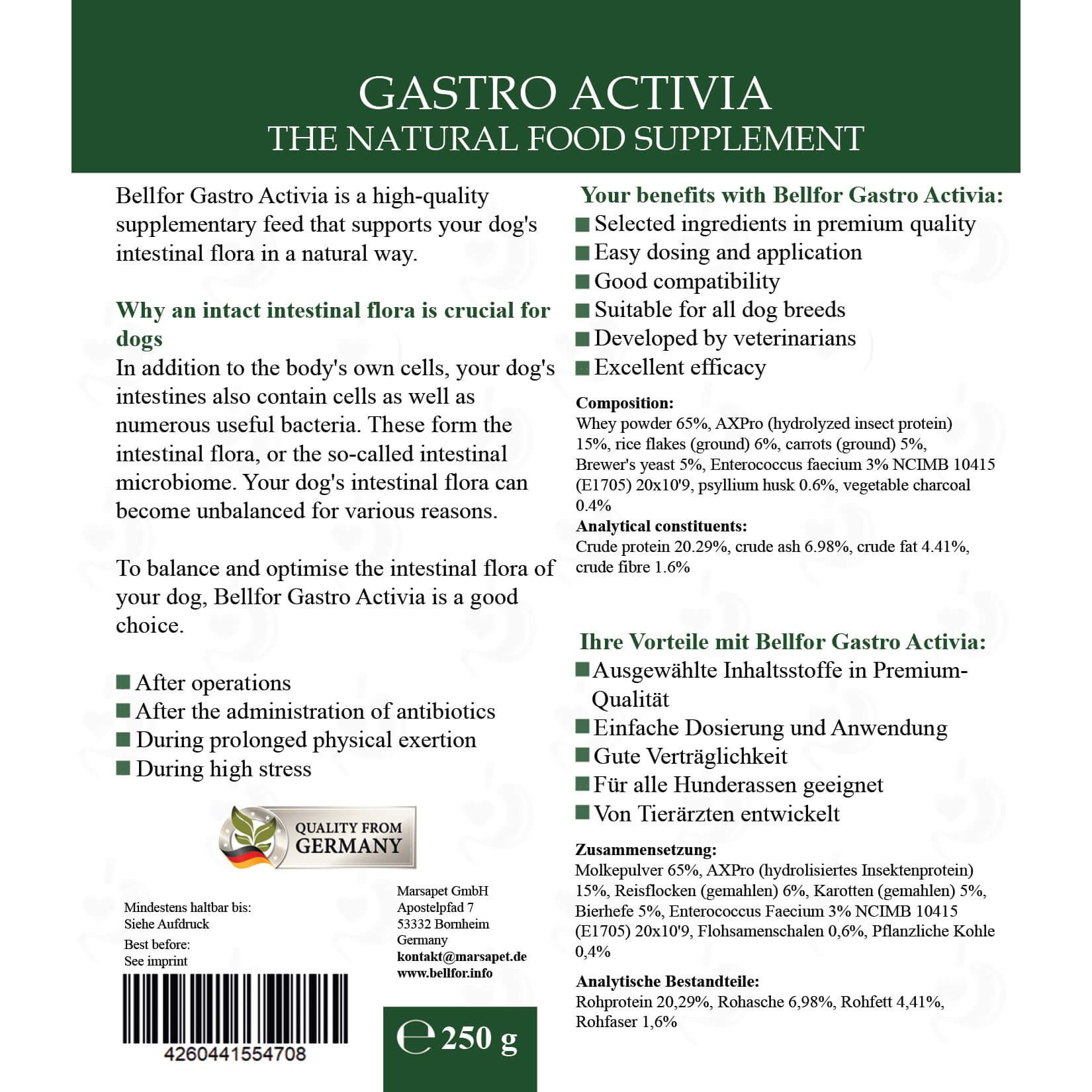 Produktverpackung mit Text. Enthält Informationen zu Inhaltsstoffen, Vorteile und Zusammensetzung. Marke: Bellfor Gastro Activia.