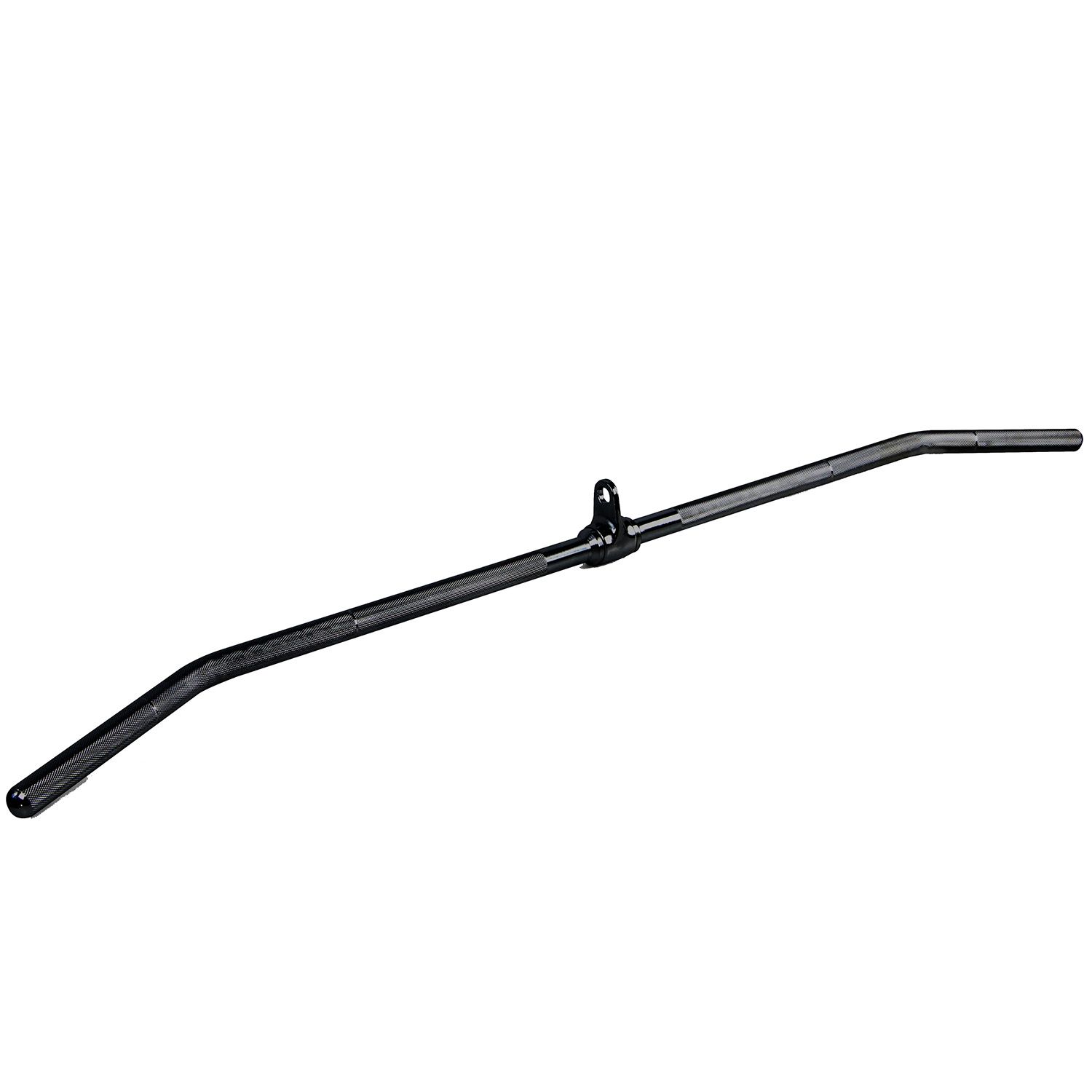 Schwarze Latzugstange mit gebogenen Enden und Aufhängeöse. Metall. Für Fitness-Training.