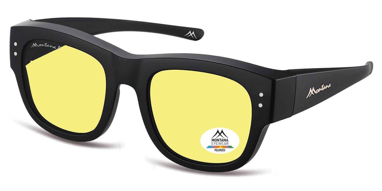 Schwarze Montana Eyewear Zaria Sonnen-Überbrille mit gelben Gläsern. Logo und Polarisations-Aufkleber. Seitliche Ansicht.