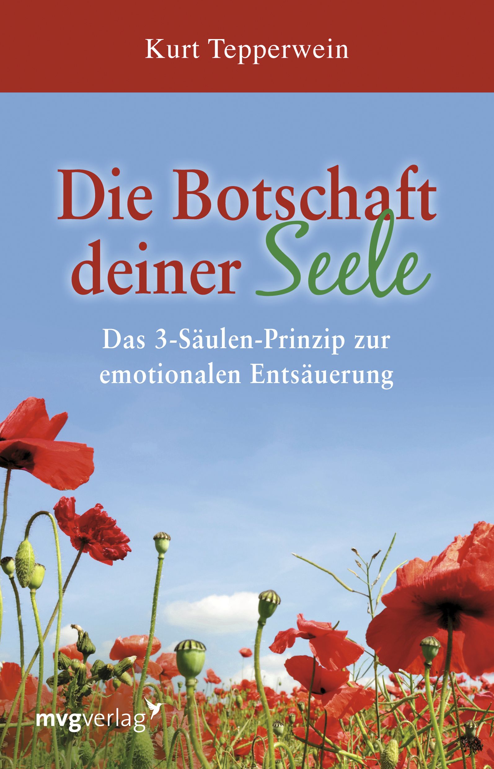 Buchcover mit Titel "Die Botschaft deiner Seele". Autor: Kurt Tepperwein. Roter Titel, grüne Schrift, Blumenfeld.
