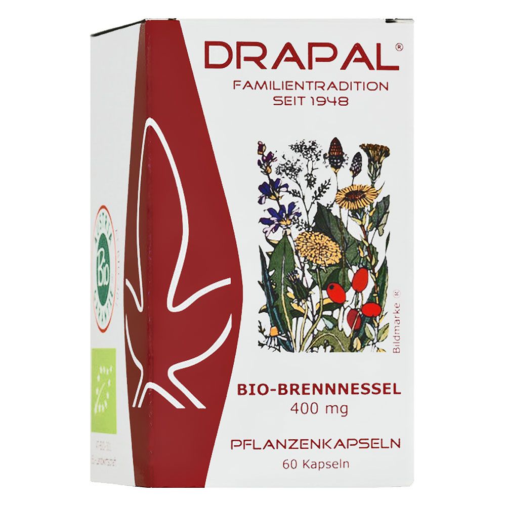 Weißer Karton mit roter Fläche und floralem Muster. Text: DRAPAL, BIO-BRENNNESSEL, 400 mg, Pflanzenkapseln, 60 Kapseln. Bio-Siegel.