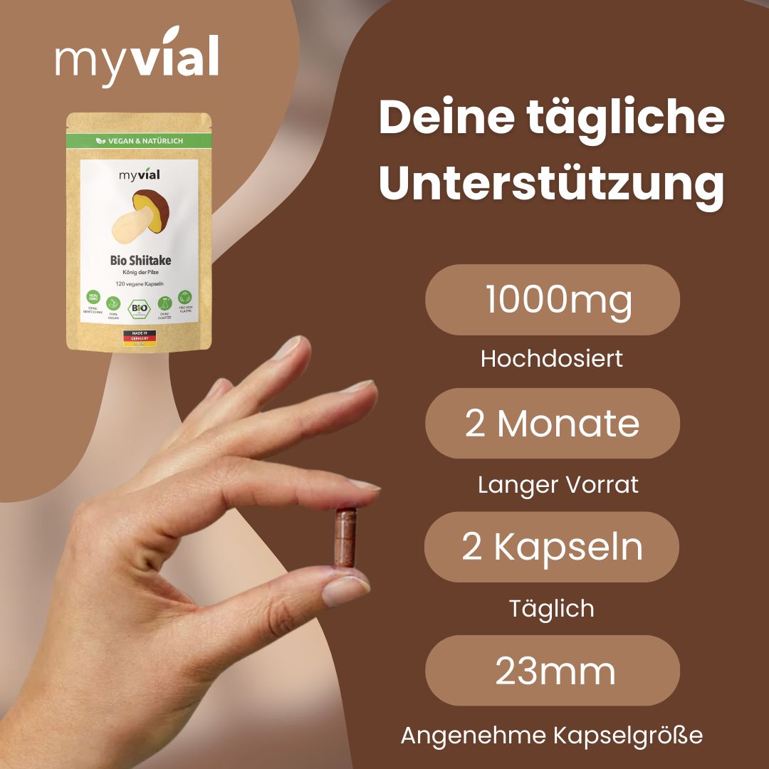 Hand hält eine myvial Bio Shiitake Kapsel. Daneben Informationen zu Dosierung und Vorrat.