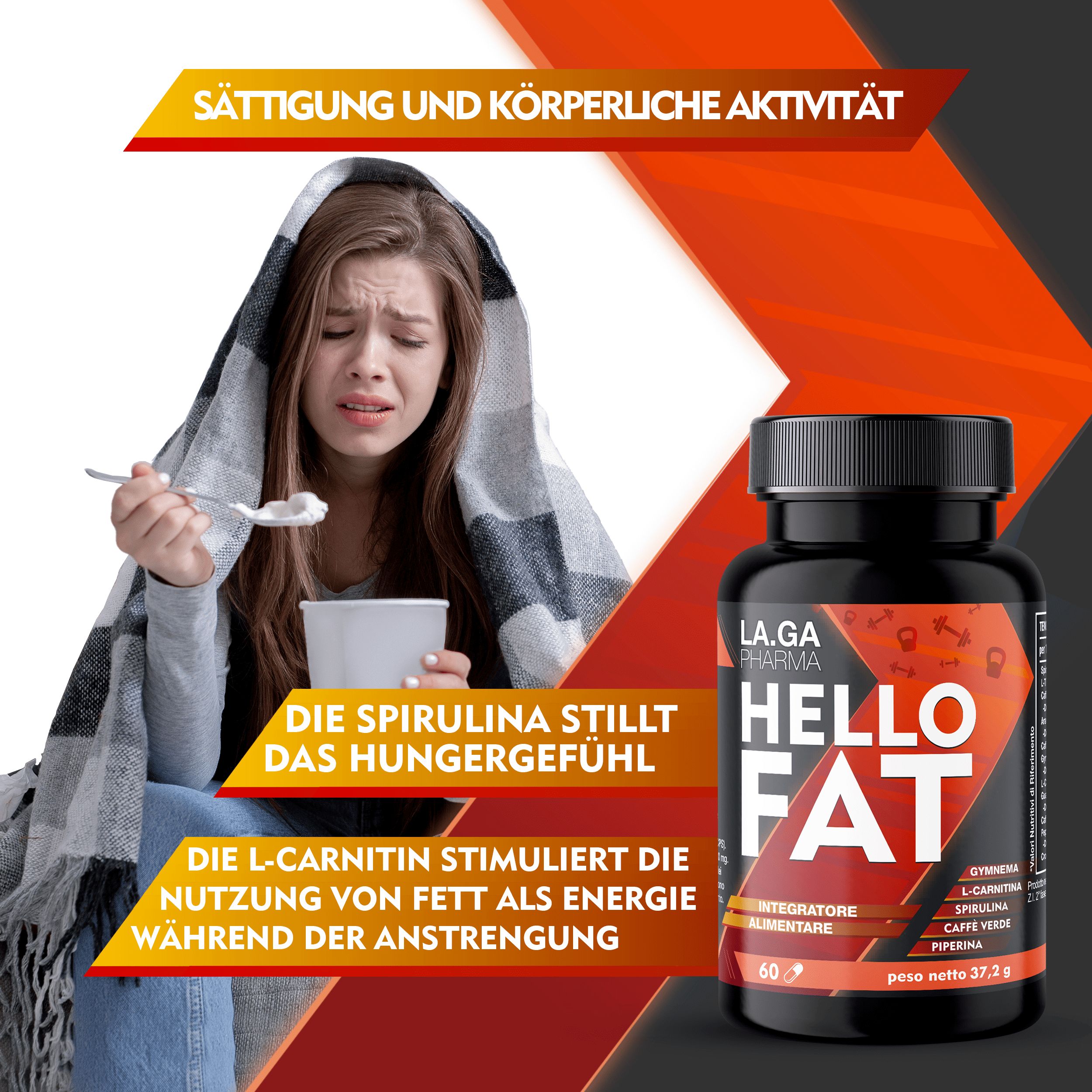 HelloFat© Fettverbrenner mit Spirulina, L-Tyrosin, Bitterorange, Piperin, Chrom. Schlankheitsmittel,