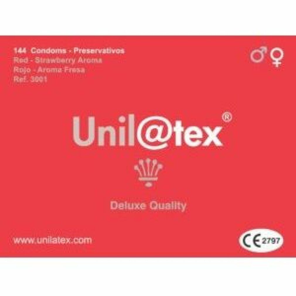 Rote Verpackung mit Unil@tex-Logo, 144 Kondome, Erdbeeraroma. CE-Kennzeichnung.