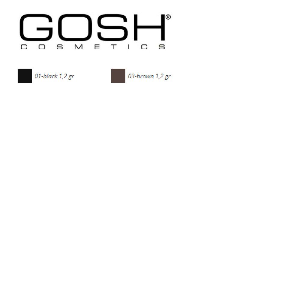 Logo GOSH COSMETICS. Farbbeispiele: Schwarz 01-block 1,2 gr, Braun 03-brown 1,2 gr.