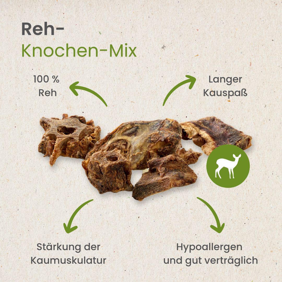 Getrocknete Rehknochen-Stücke, 100% Reh, für langes Kauen.