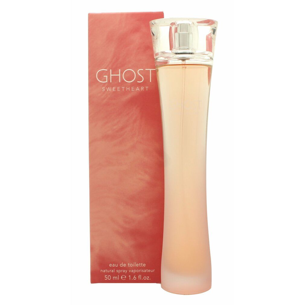 Eau de Toilette-Spray mit Verpackung. Flakon mit transparentem Verschluss. Rosa Flüssigkeit. Aufschrift: GHOST SWEETHEART.